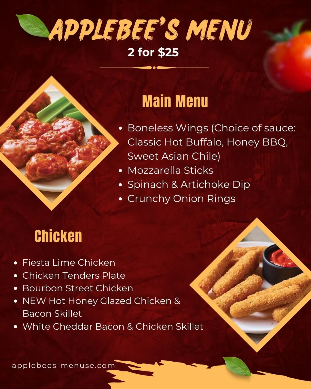 2 for $25 Applebee's Menu With Prices